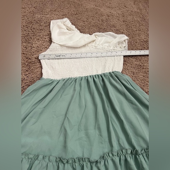 XL SHEIN 2 tone color blocked ruffle trim one shoulder smocked tiered dress aqua - Picture 8 of 12